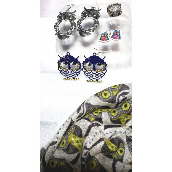 Whimsigoth Owl Theme Accessory Lot: Owl Scarf, Earrings, Watch & Stretch Ring - Picture 4 of 16